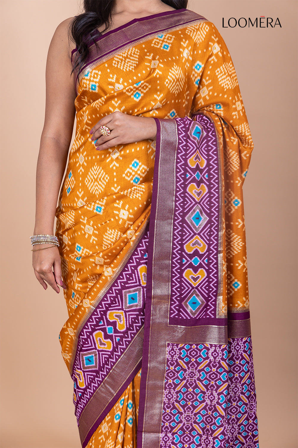 Mustard Yellow Patola Print Saree with Zari Border