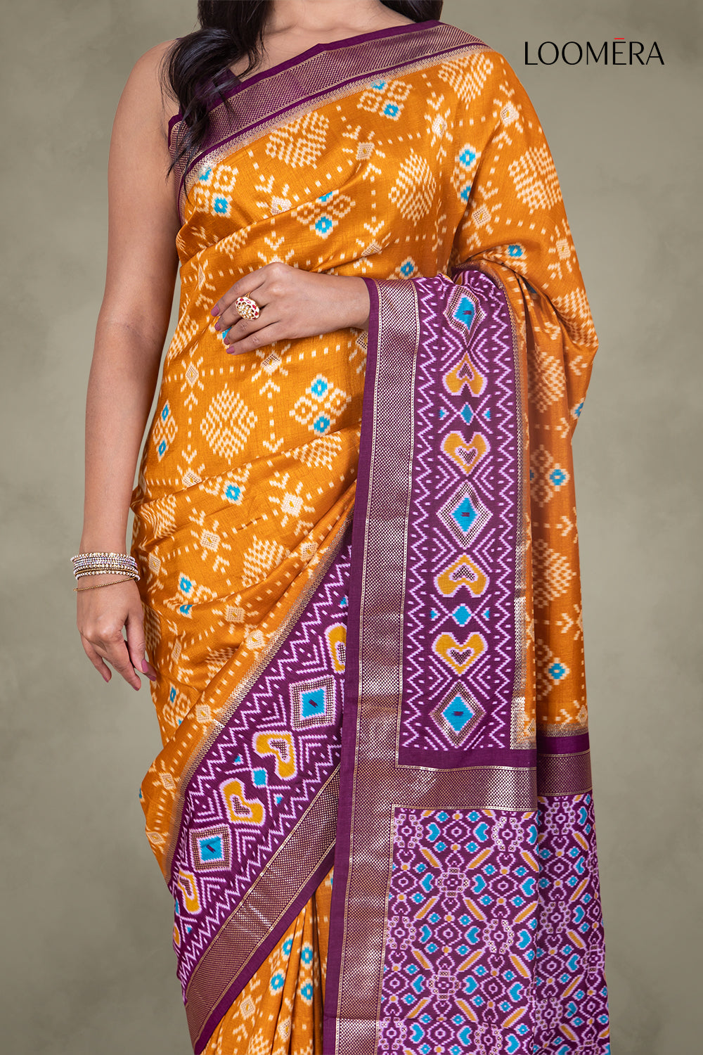 Mustard Yellow Patola Zari Border Saree