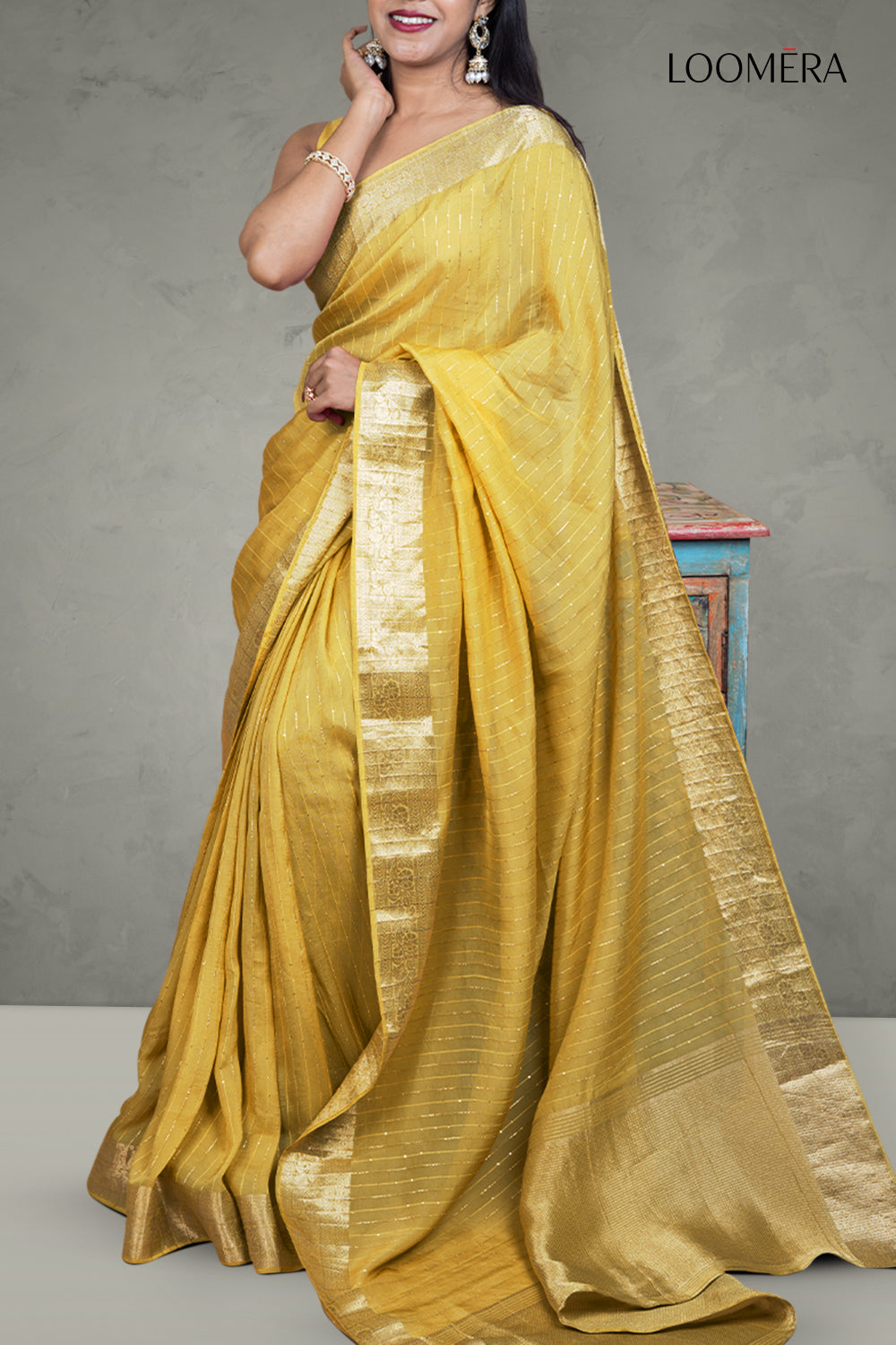 Mustard Yellow Sequined Line Saree