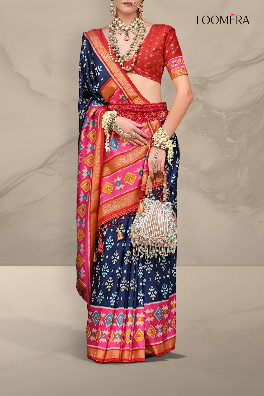 Navy Blue Patola Saree with Gold Foil Print