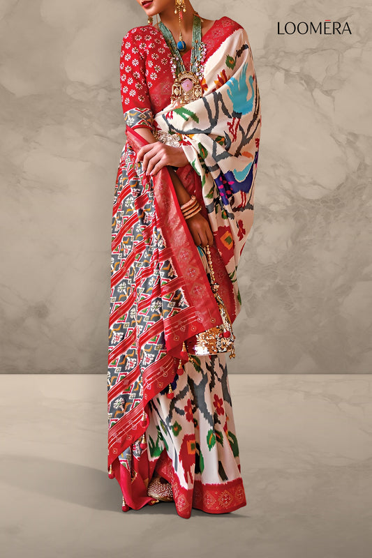 Off White Multicolor Print Patola Saree