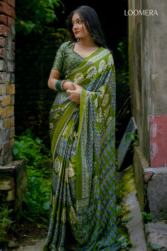 Olive Green Saree with Ajrakh Prints