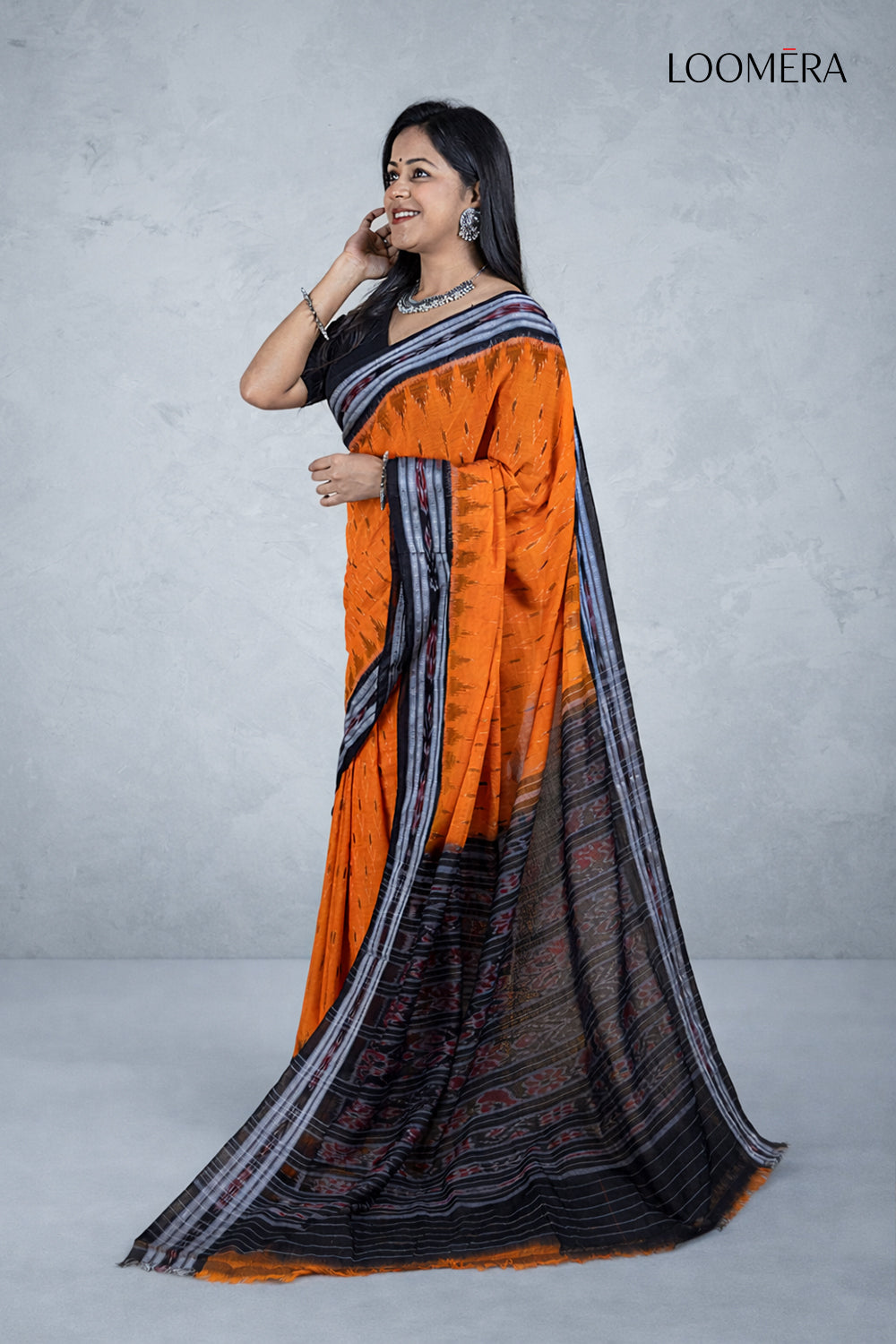 Orange and Black Cotton Saree