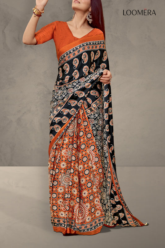 Orange and Black Soft Modal Silk Saree