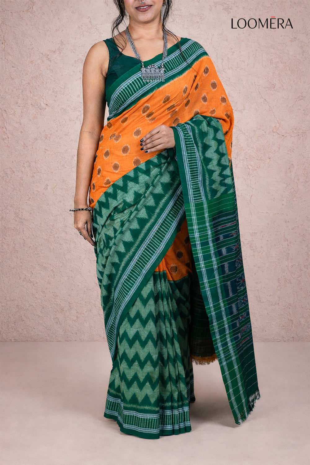 Orange and Dark Green Cotton Saree