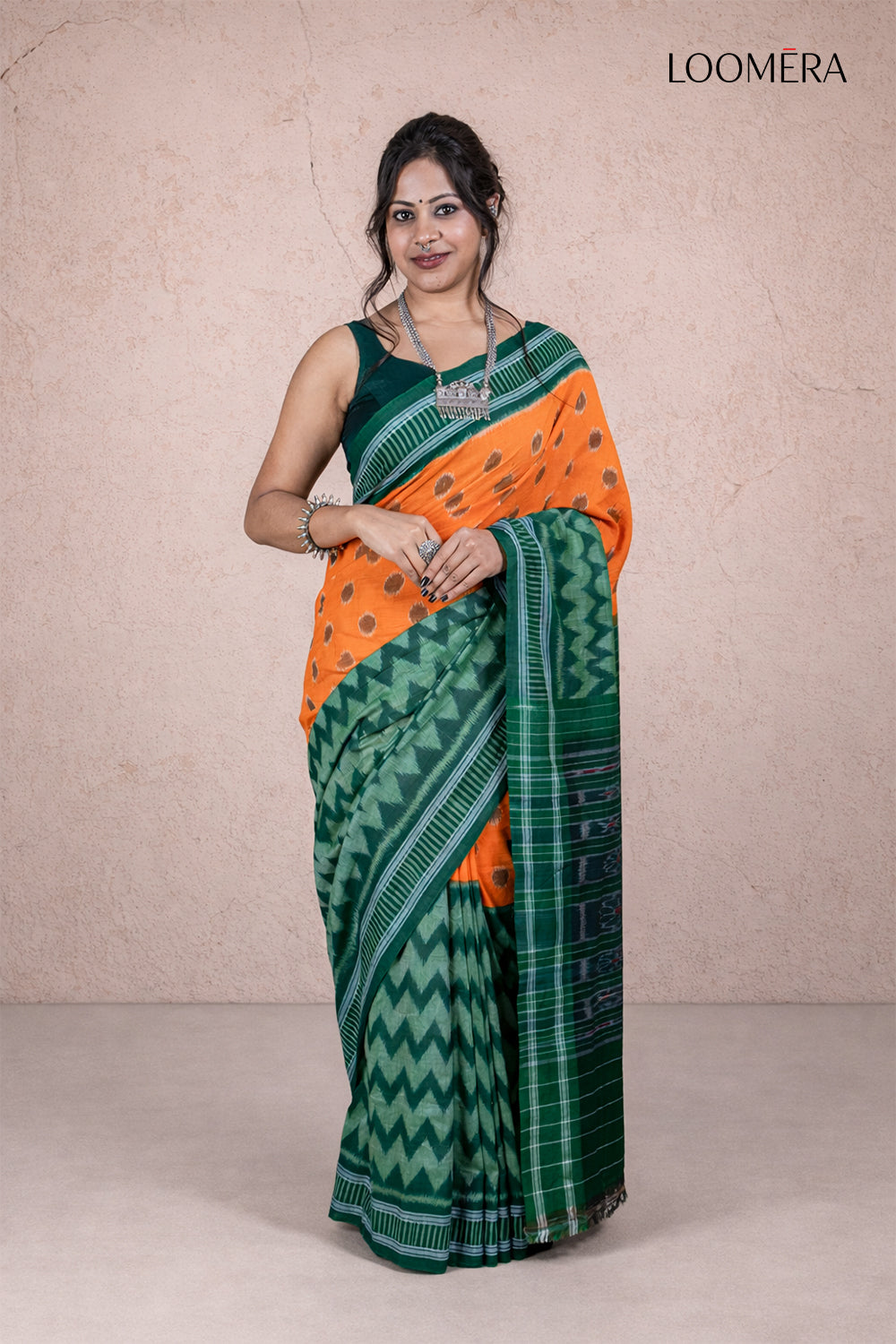 Orange and Dark Green Handloom Saree