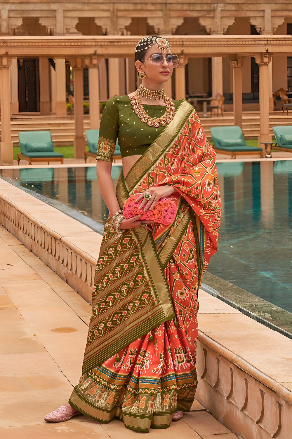 Orange and Green Patola Print Saree