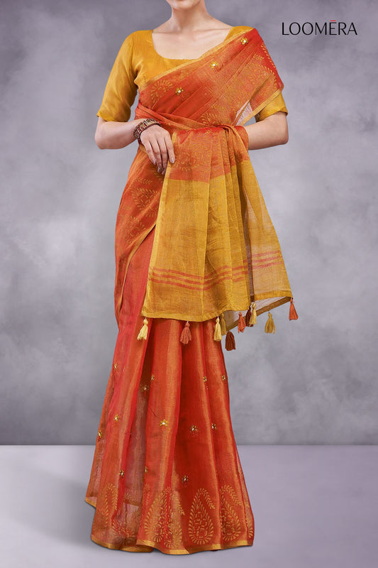 Orange Cotton Silk Saree