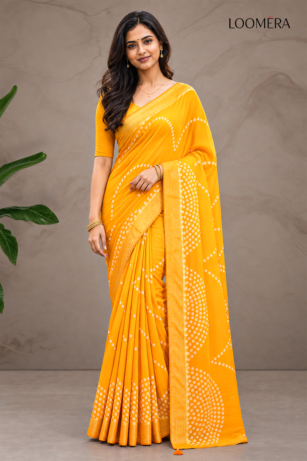 Orange Saree with Bandhani Prints