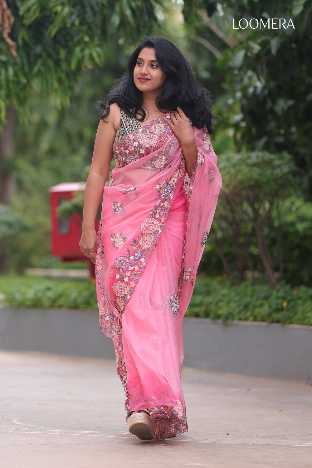 Organza Saree with Floral Embroidery and Scallop Borders