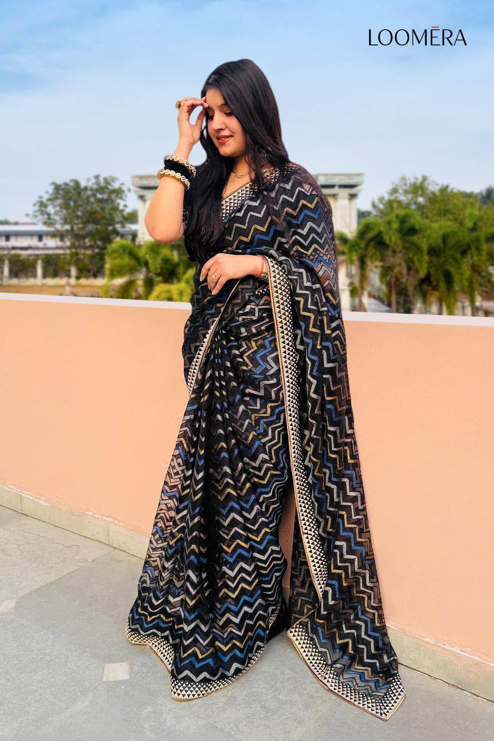 Organza Saree with Zigzag Print