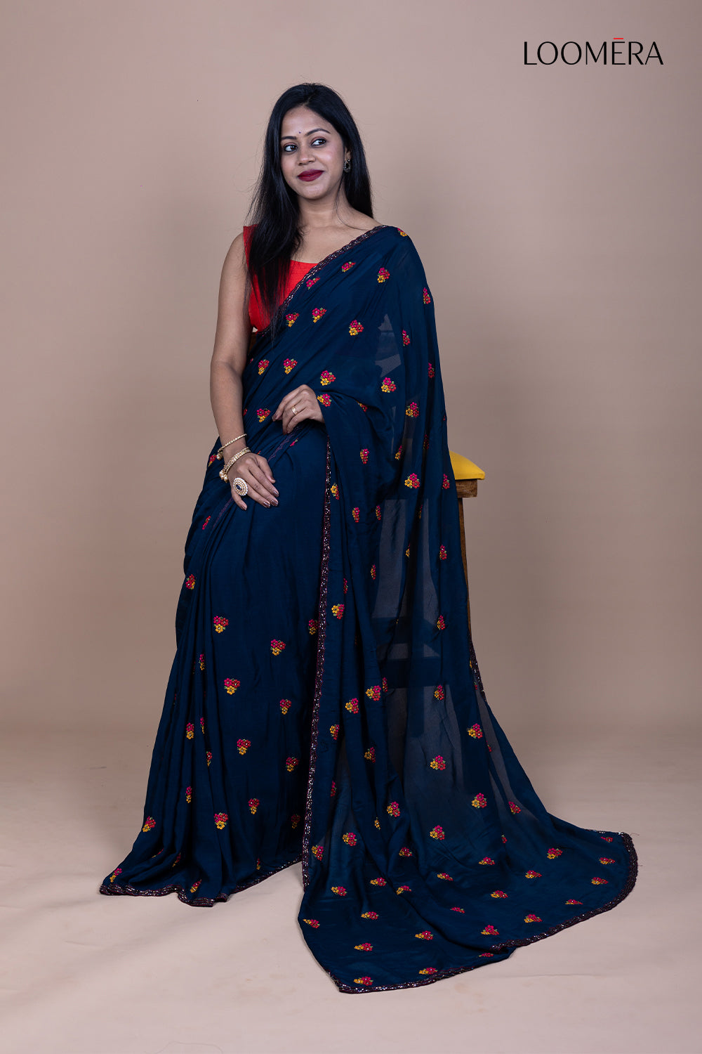 Oxford Blue Chinnon Resham Buta Saree