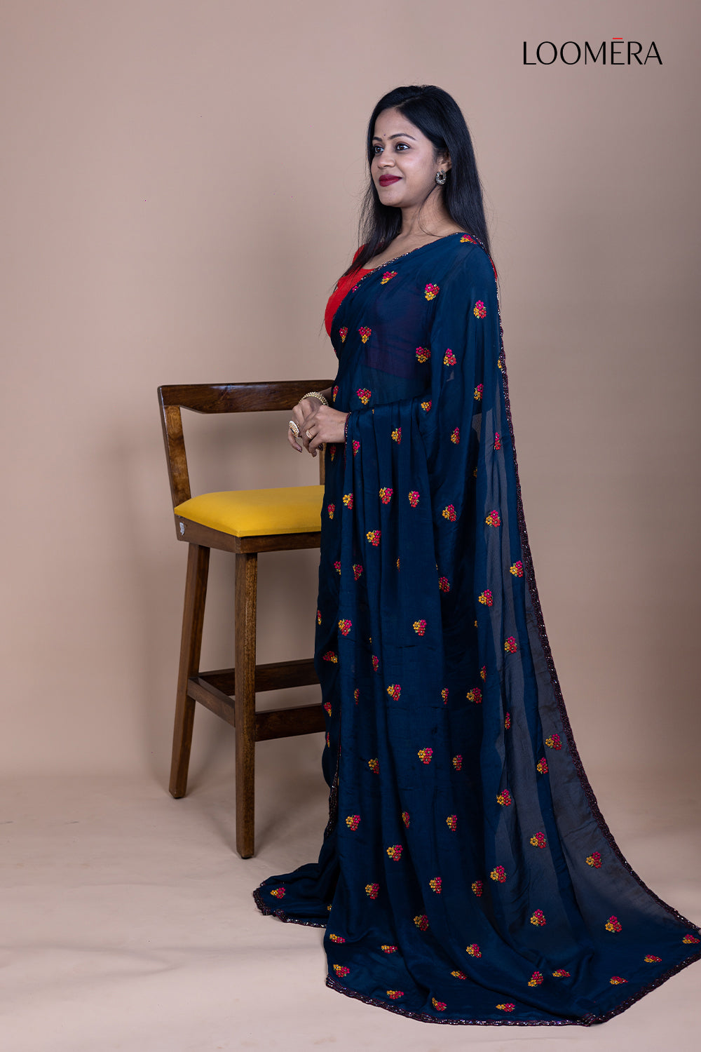 Oxford Blue Chinnon Resham Saree