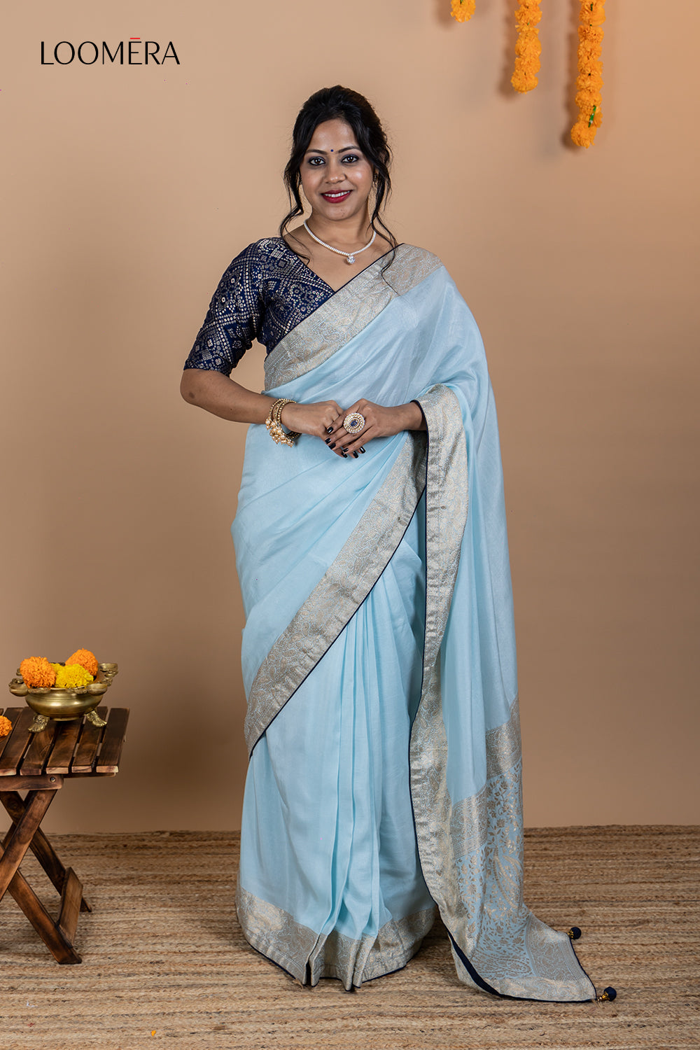 Pastel Blue Saree with Readymade Blouse