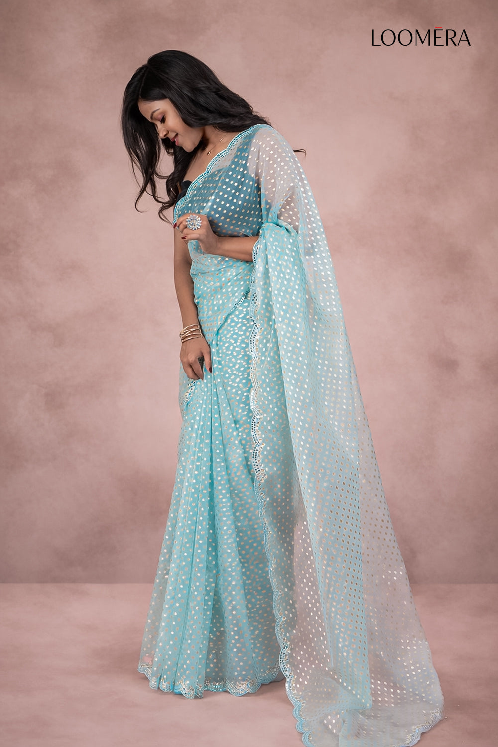 Pastel Blue Saree with Scallop Border