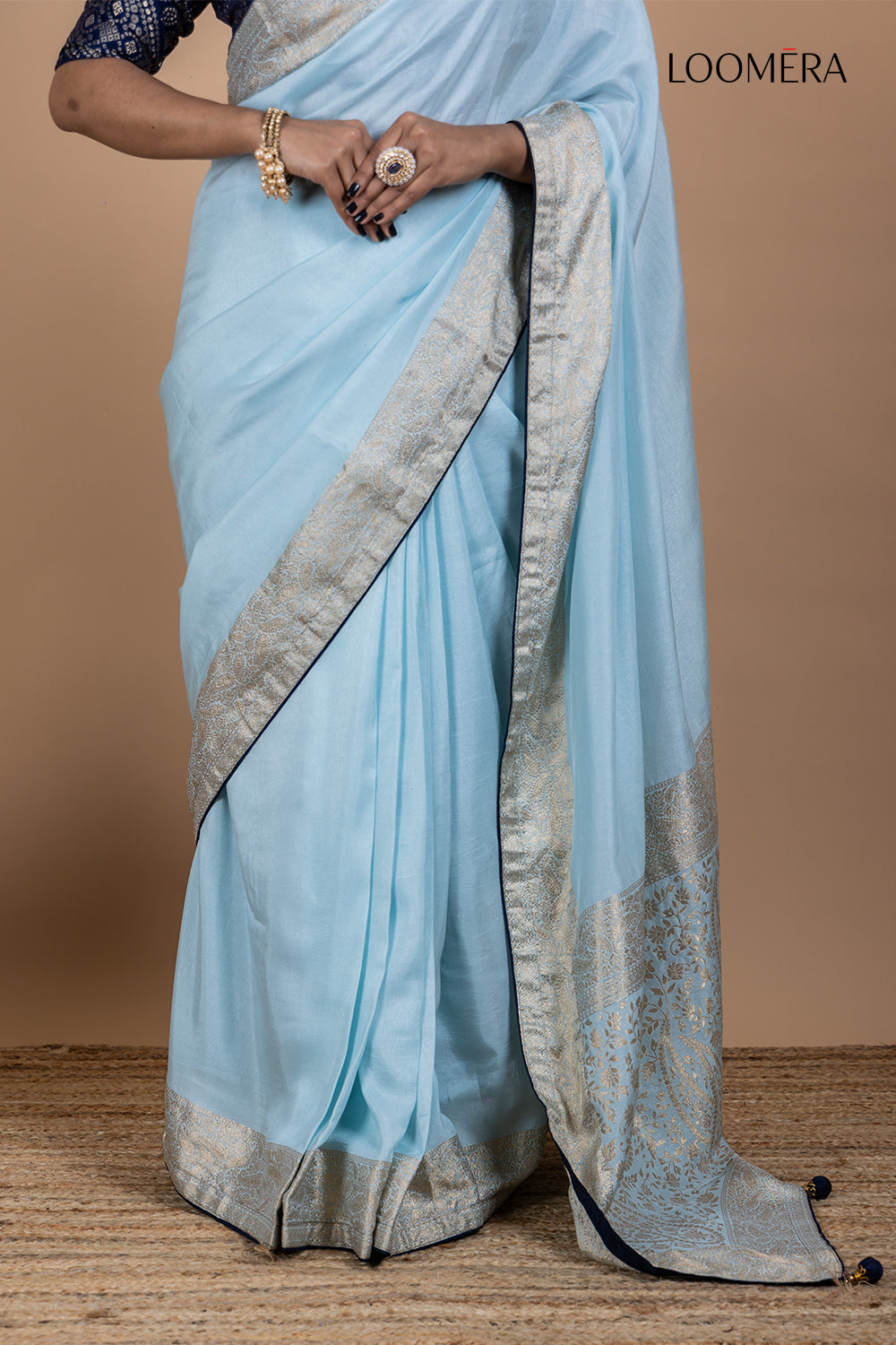 Pastel Blue Saree with Silver Zari Border