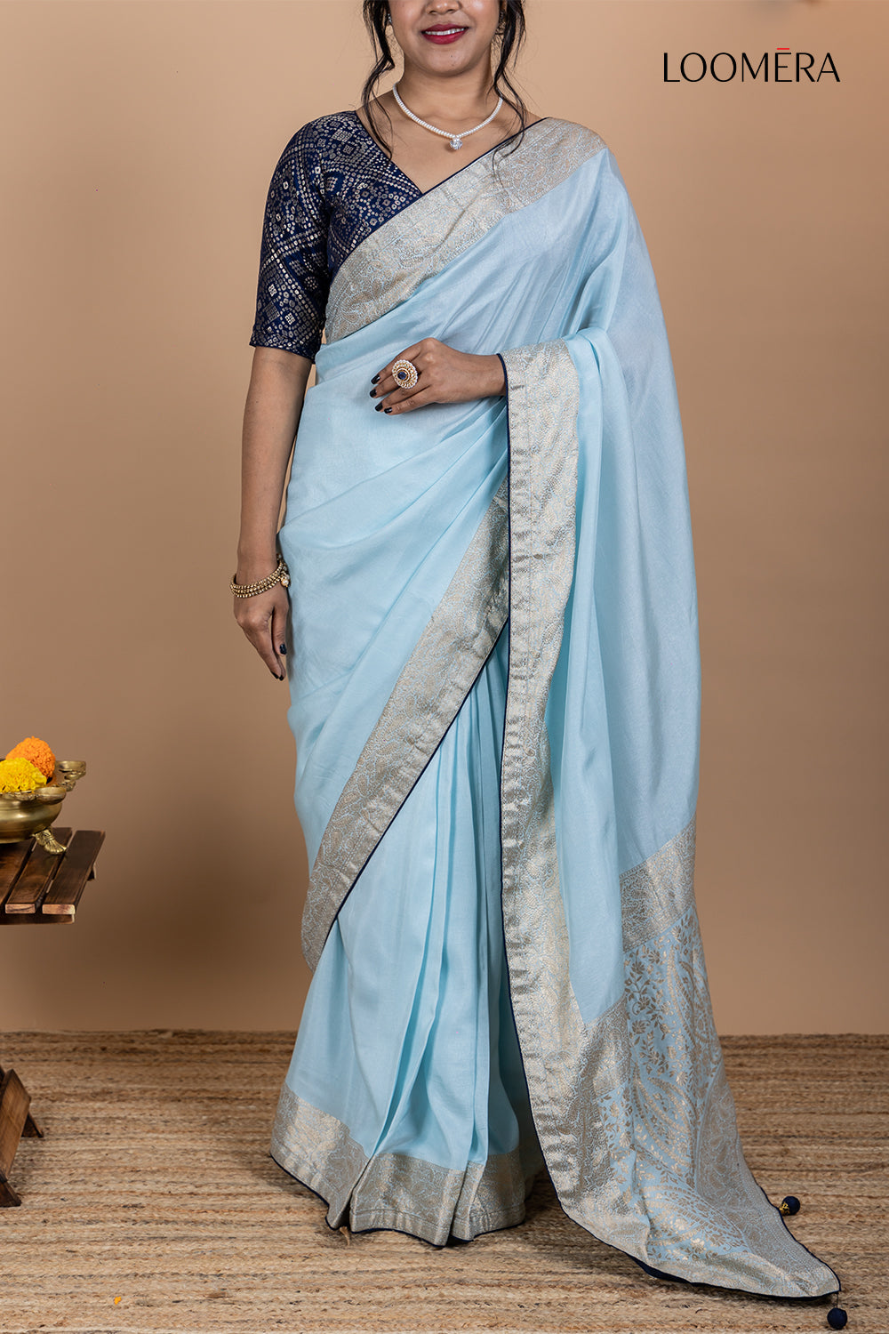 Pastel Blue Saree with Zari Border