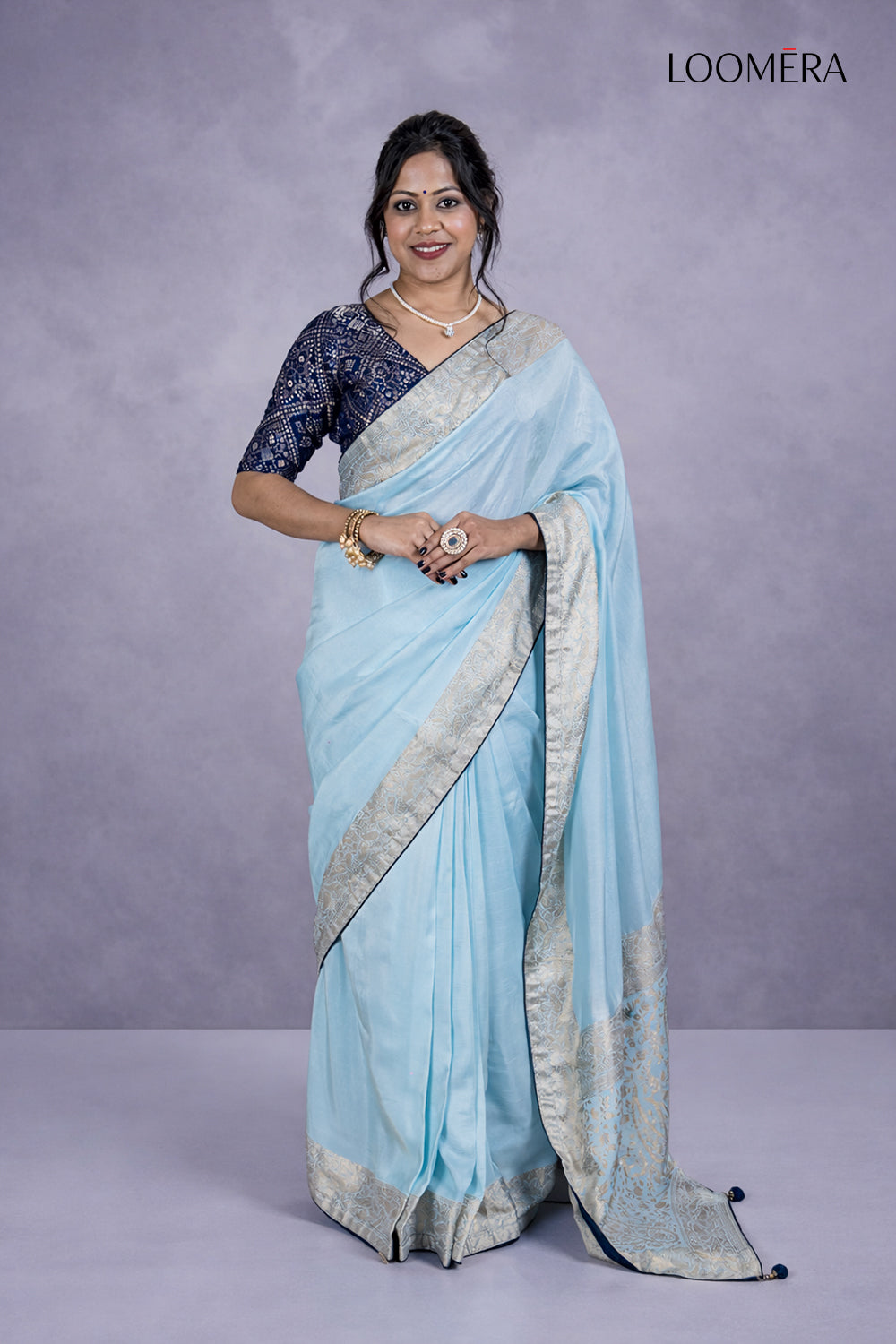 Pastel Blue Saree with Zari Border
