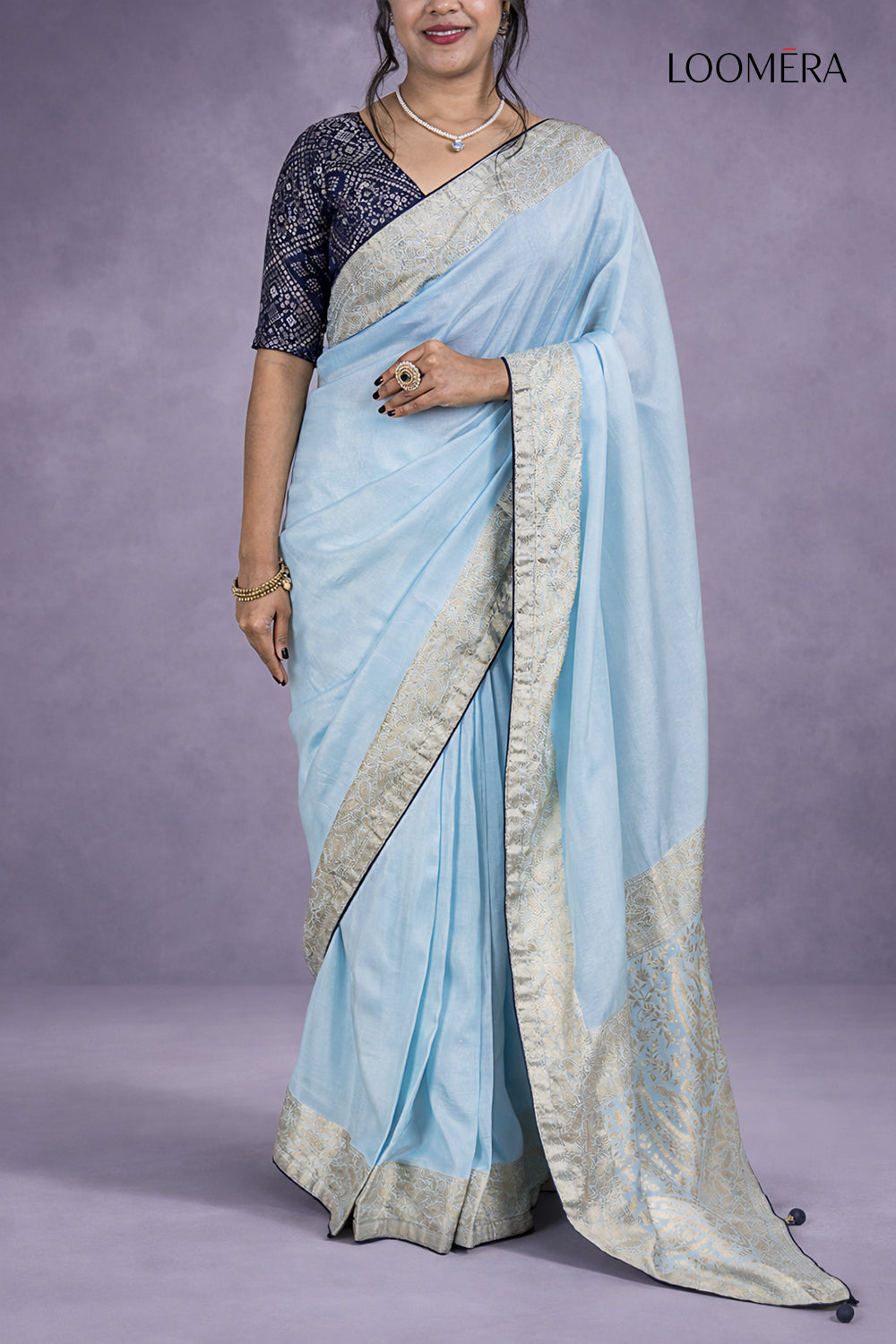 Pastel Blue Silver Zari Border Saree
