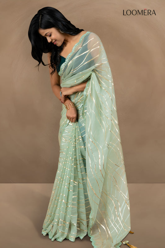 Pastel Green Mirror Scallop Border Saree