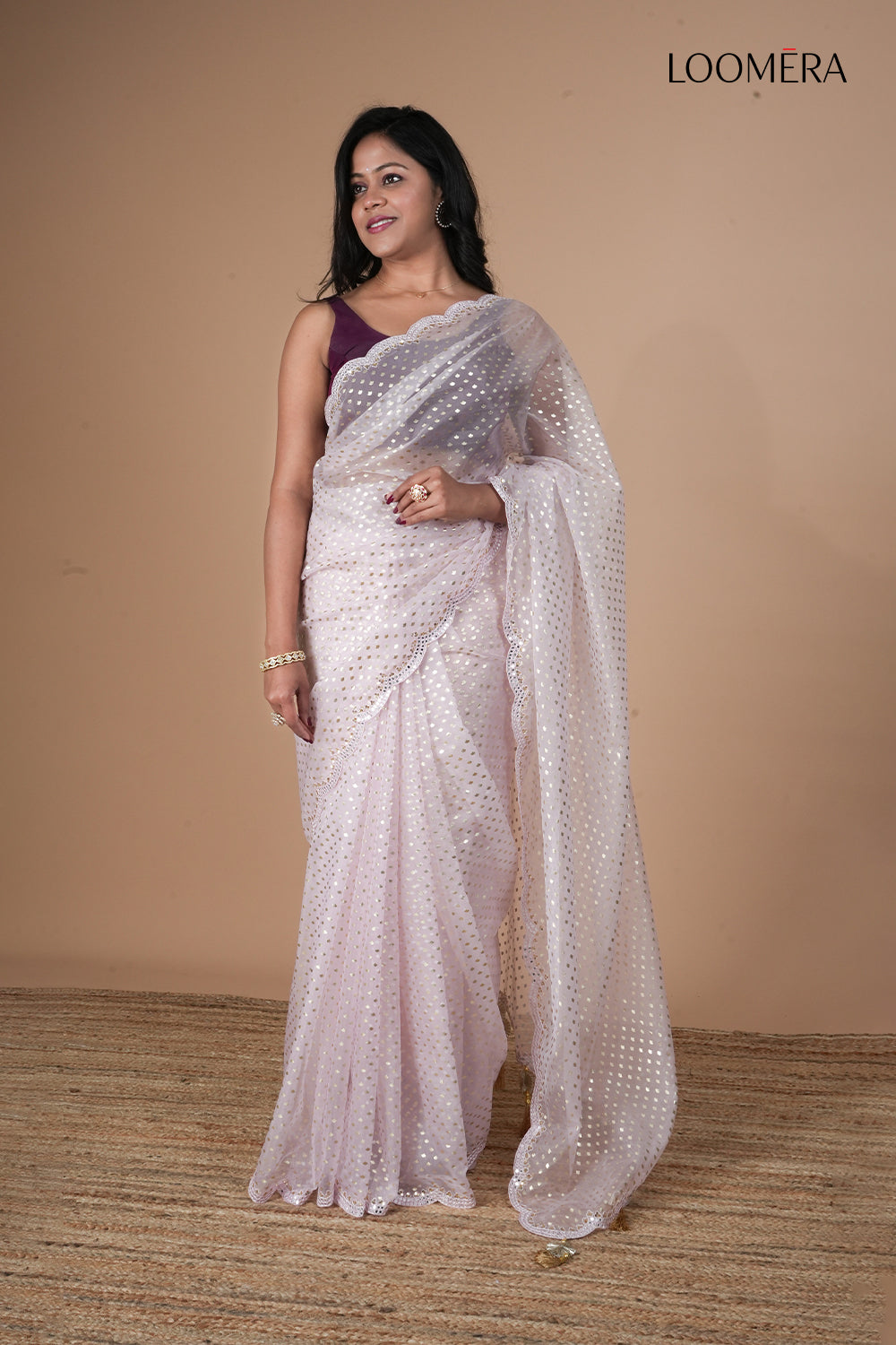 Pastel Pink Foil Print Organza Saree