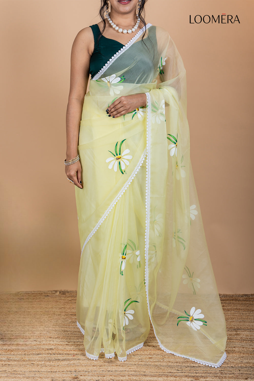 Pastel Yellow Handpainted Organza Saree