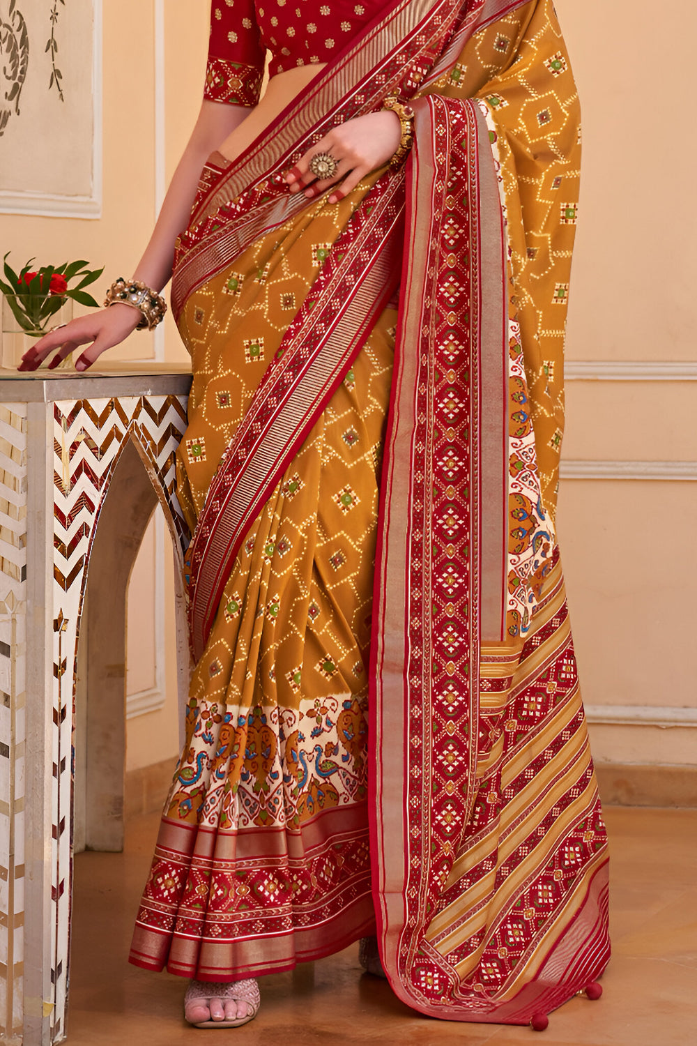 Patola Print Saree in Mustard Yellow