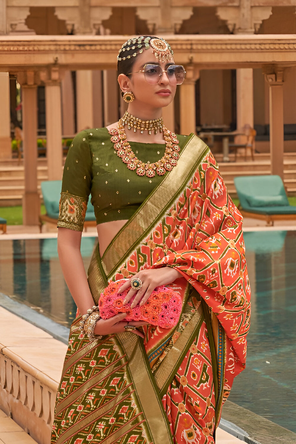 Patola Print Saree in Orange and Green