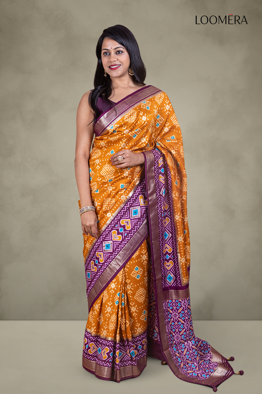 Patola Print Zari Border Saree Mustard Yellow