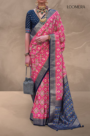 Pink and Blue Viscose Silk Saree