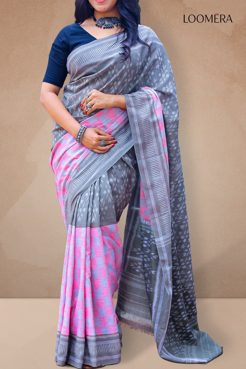 Pink and Grey Handloom Ikat Saree