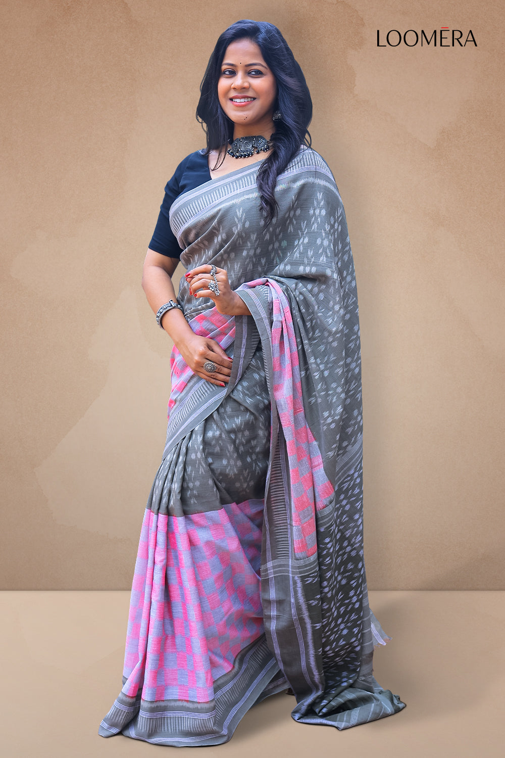 Pink and Grey Handloom Saree