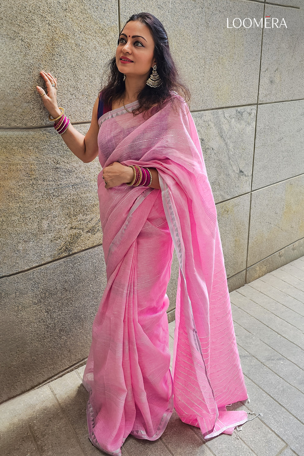 Pink Linen Saree with Silver Zari Border