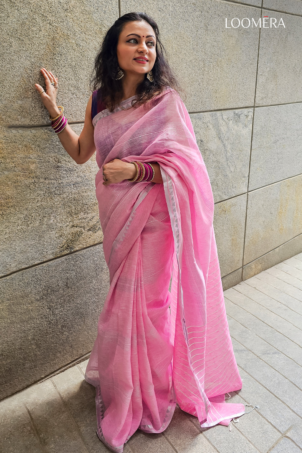 Pink Linen Saree with Zari Border