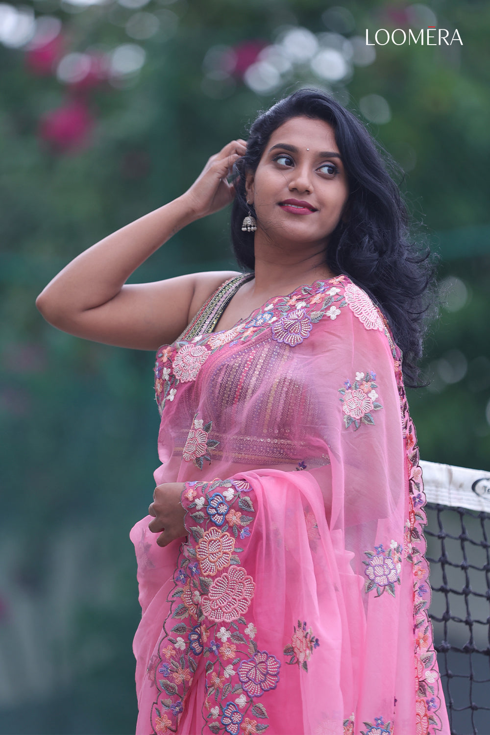 Pink Organza Saree with Floral Embroidery