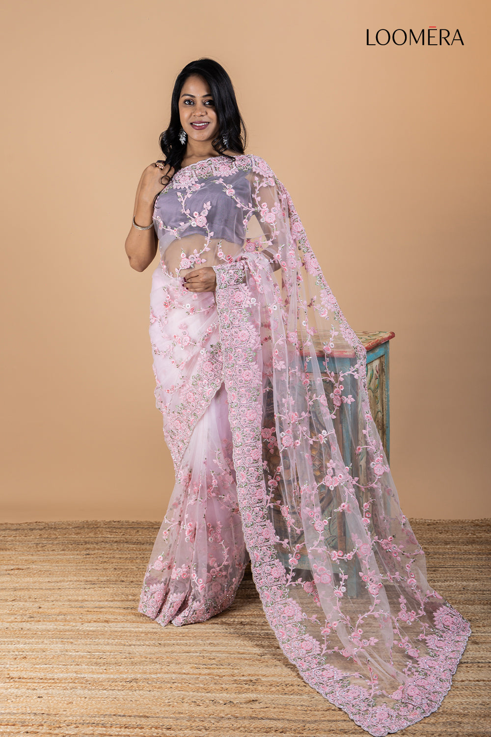 Pink Organza Saree with Stone Embellishments