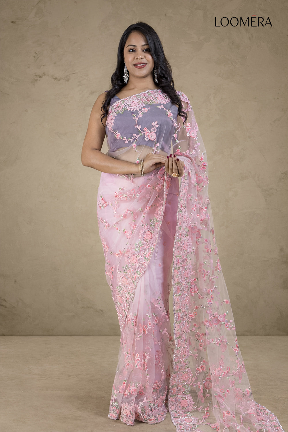 Pink Organza Saree with Threadwork