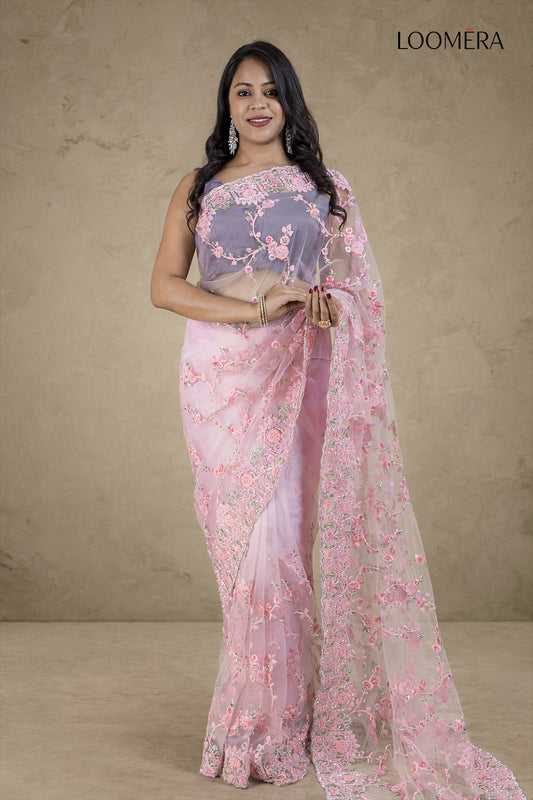 Pink Organza Saree with Threadwork