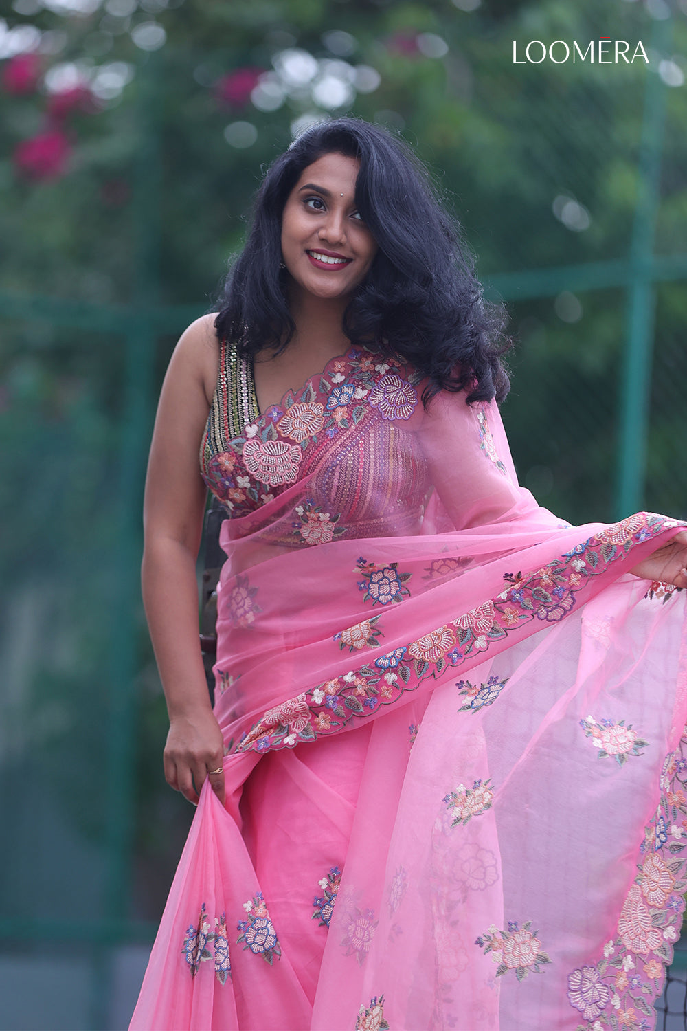 Pink Saree with Floral Embroidery