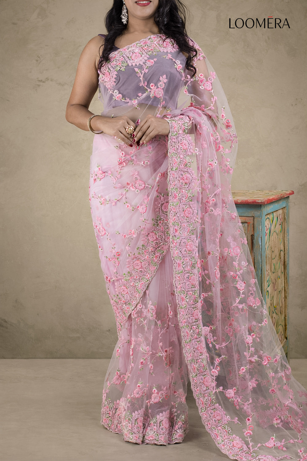 Pink Saree with Stone Work