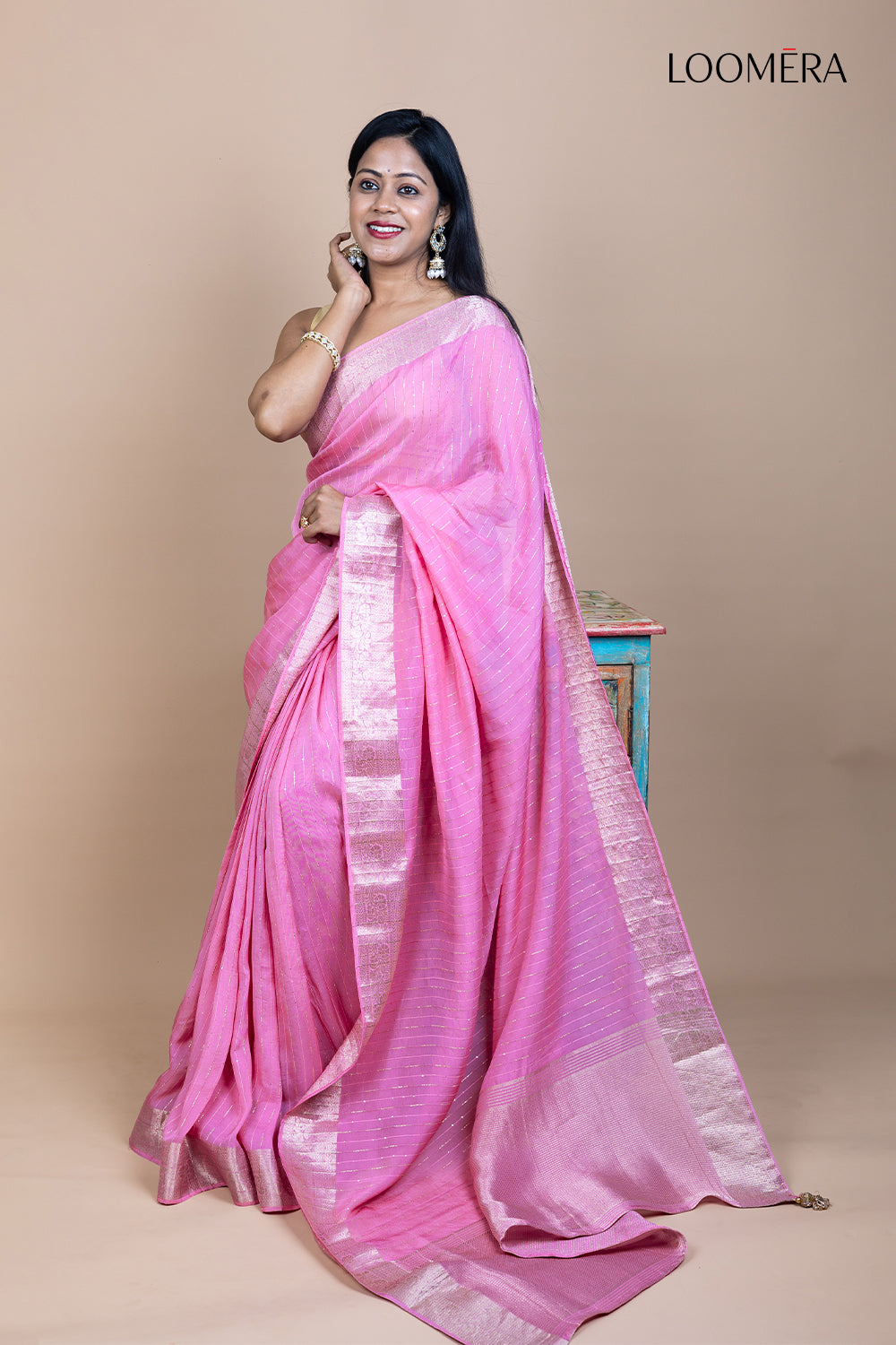 Pink Sequined Line Saree