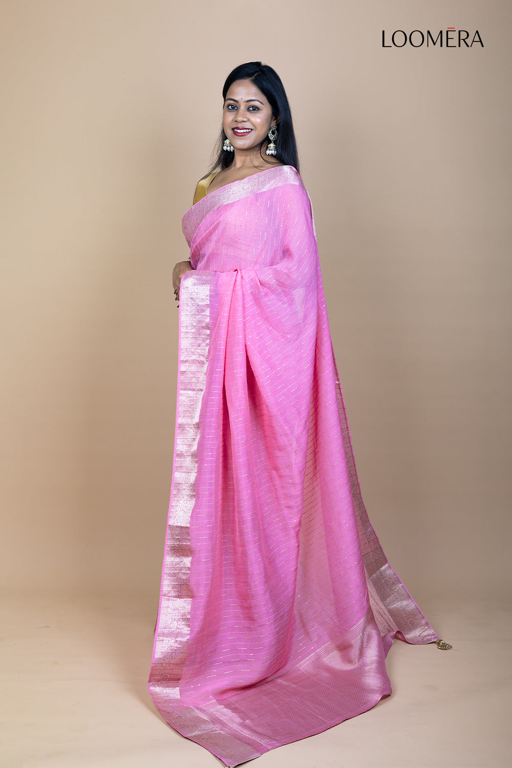 Pink Sequined Saree with Zari Border