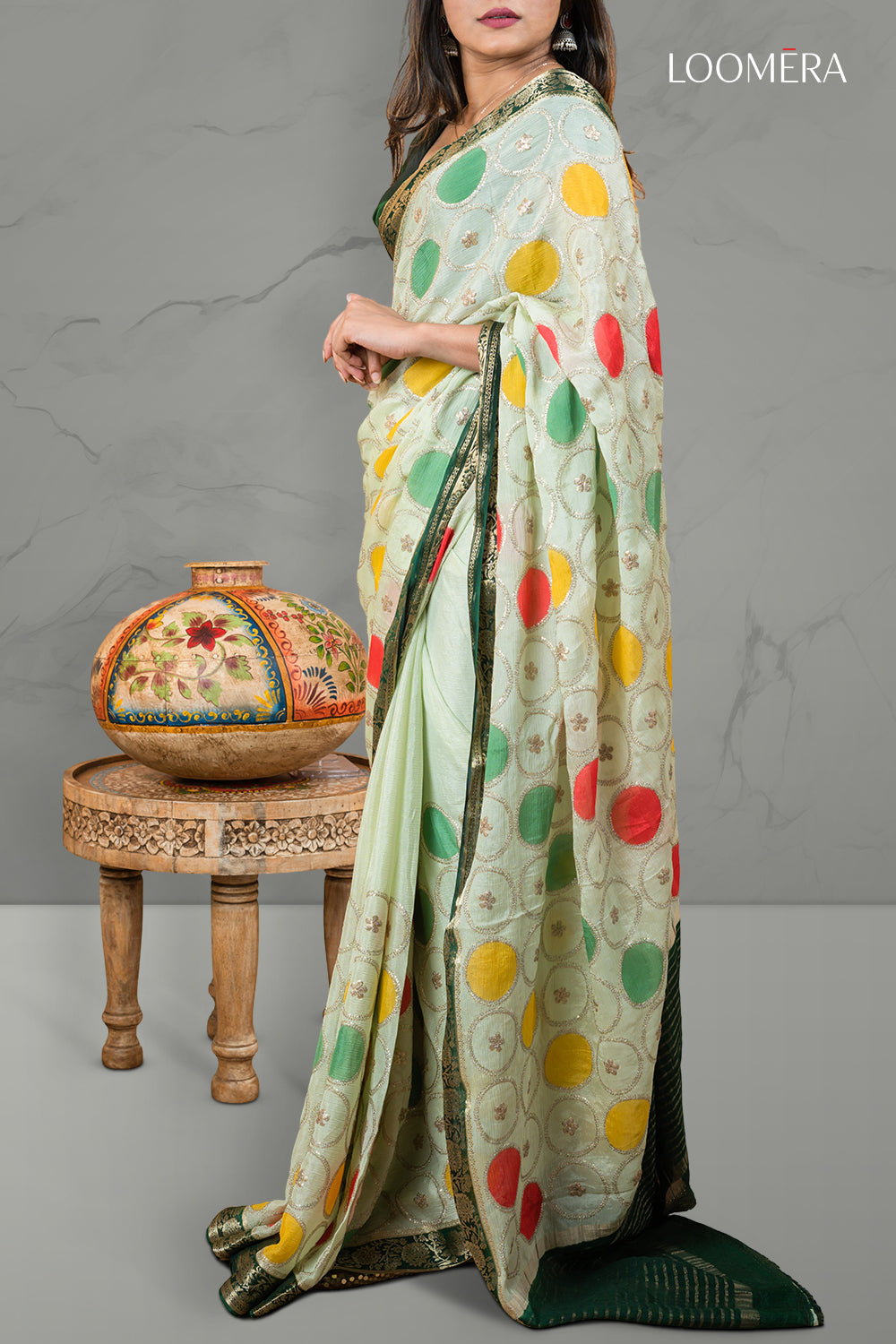 Pista Green Saree with Zari Border