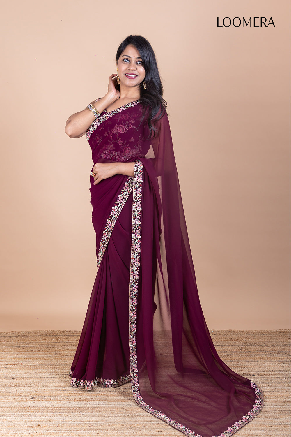 Plum Georgette Saree with Embroidered Border