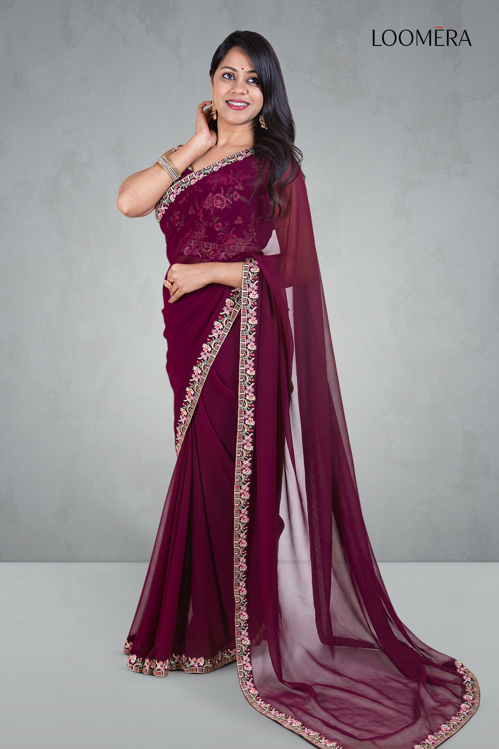 Plum Saree with Embroidered Border