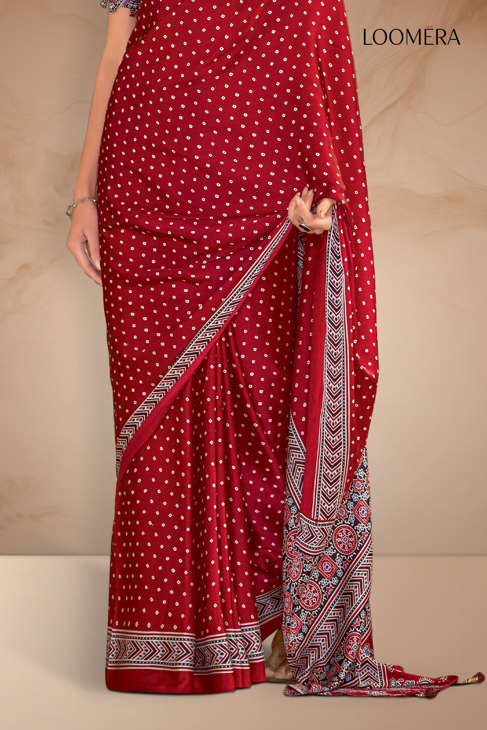 Polka Print Red Saree