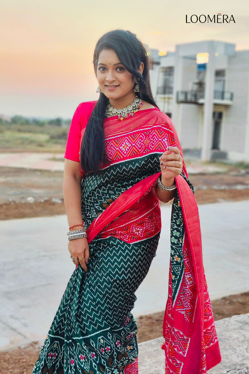 Printed Green Patola Saree with Zari Work