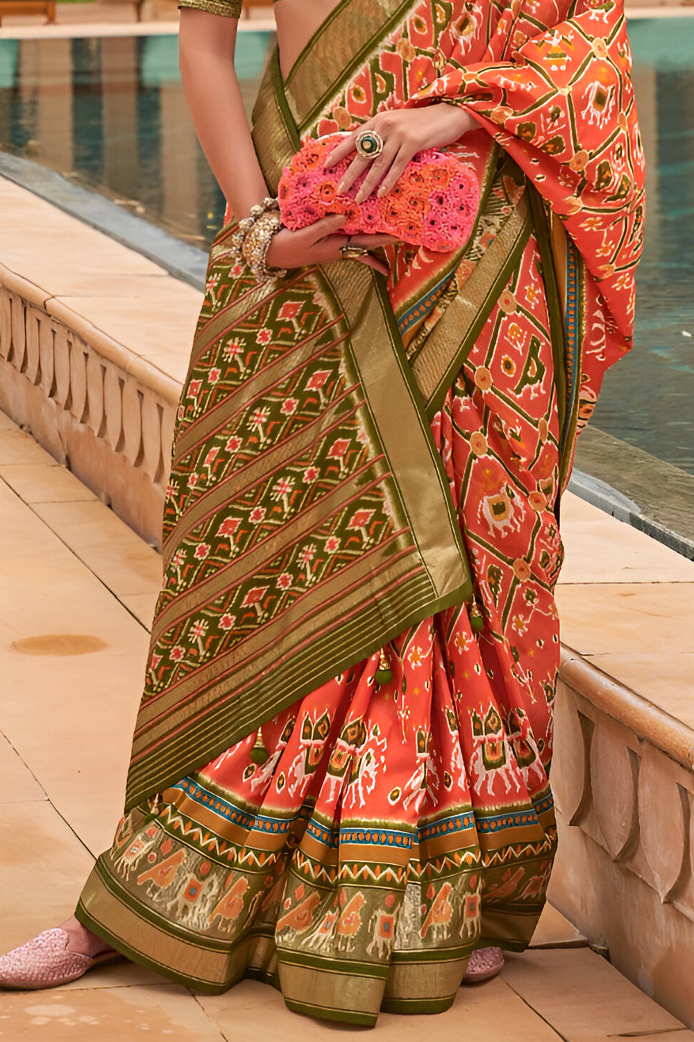 Printed Patola Saree Orange and Green