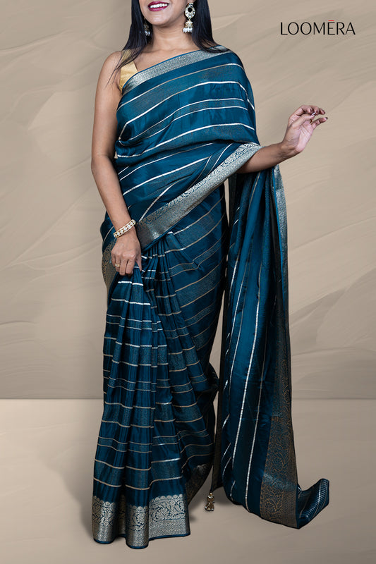 Prussian Blue Saree with Silver Zari Lines 