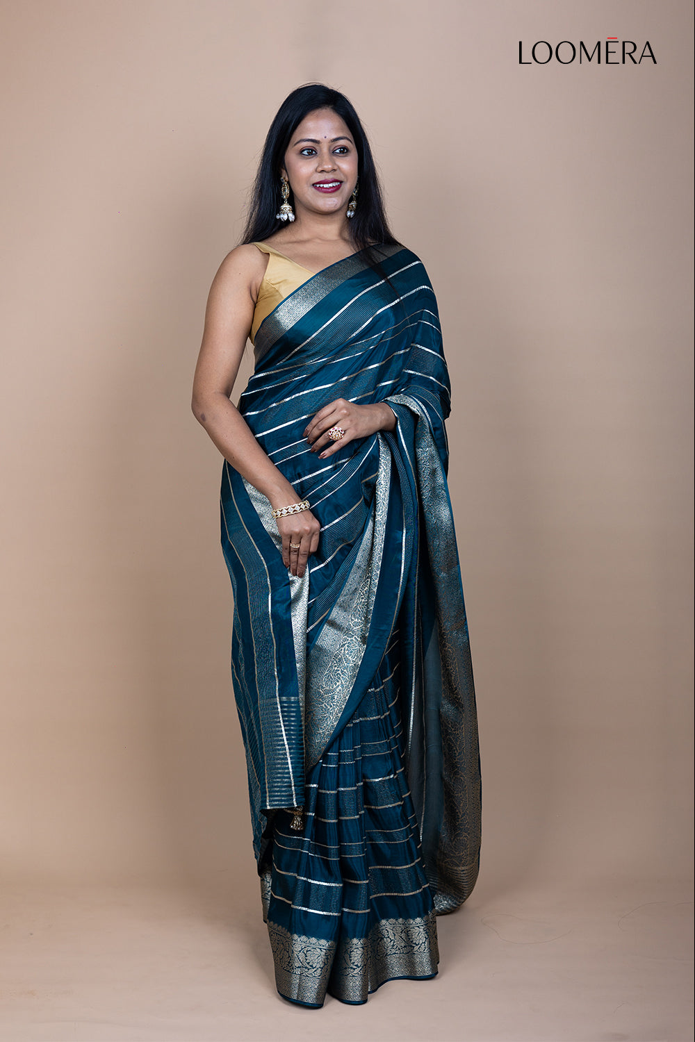 Prussian Blue Saree with Floral Zari Border